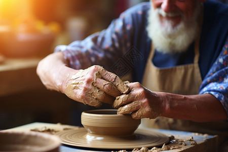 手盆陶艺盆上用手和转盘揉捏背景
