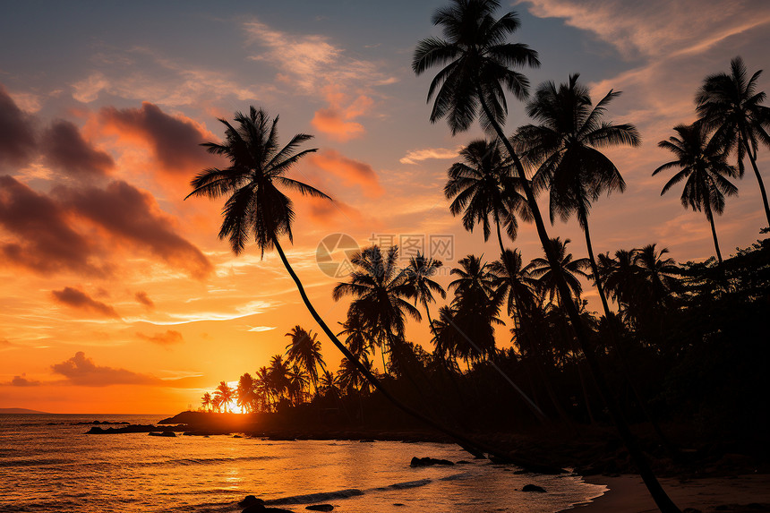 夕阳残照下棕榈树海滩图片