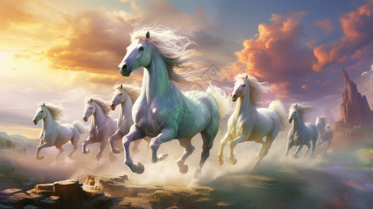马在飞一群在云中奔跑的马插画