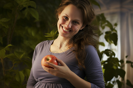 手持苹果孕妇手持红苹果微笑背景