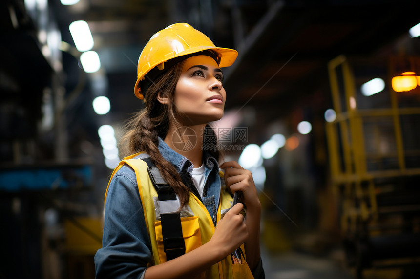 工厂中的年轻女性工程师戴着安全头盔进行检查图片