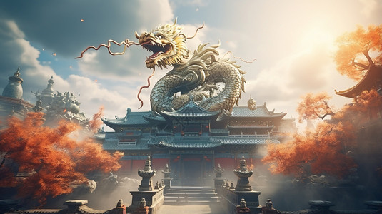 中国龙飞在古建筑的上背景图片