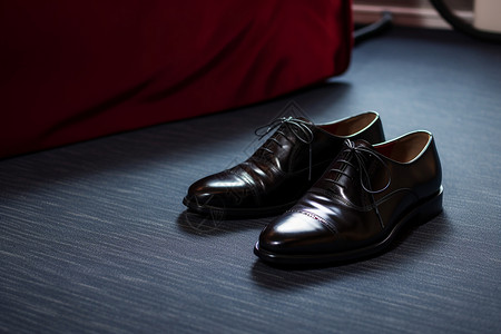 经典黑白搭鞋子倚靠着红色沙发旁边的地板背景