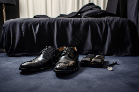 经典黑白搭卧室地板上的一双鞋子背景