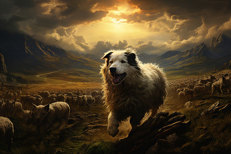 日出时分羊圈外的牧羊犬背景图片
