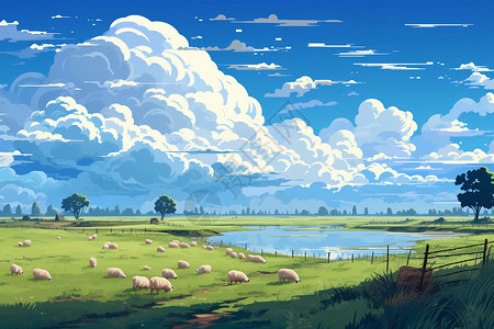 草地羊群小羊在草地上吃草插画
