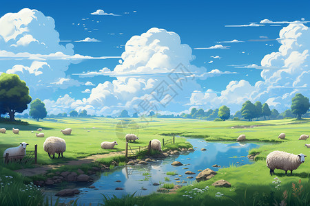 在北美地区的草食动物吃草绵羊在云彩下插画