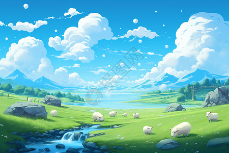 绵阳羊群在绿色的草地上放牧插画