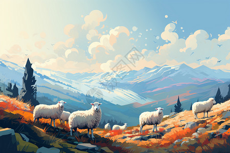 在北美地区的草食动物吃草山羊在柔和色彩的山丘中漫游插画