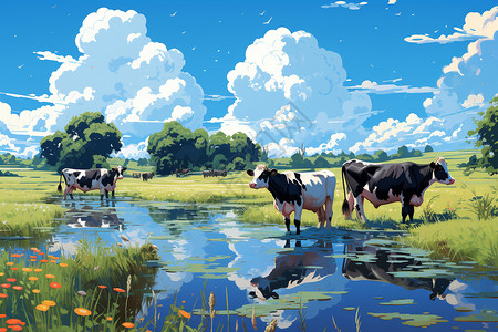 牛群聚集于池塘旁背景图片
