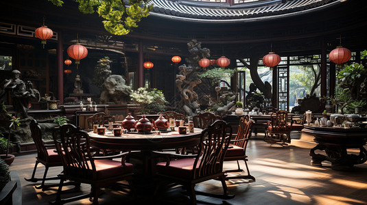 中式茶馆里的圆桌高清图片