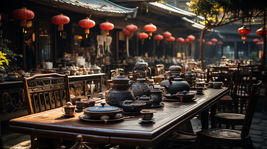中式茶馆里的长条方桌高清图片