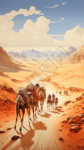 沙漠里的骆驼商队插画