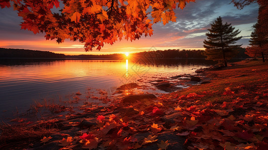 红叶一片湖边铺满红叶的草地插画