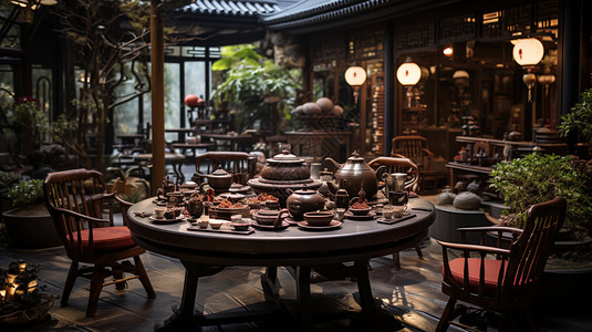 中式古建筑里的茶桌背景图片