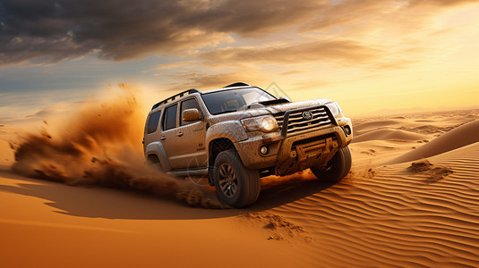 在沙漠里奔驰的吉普车背景图片