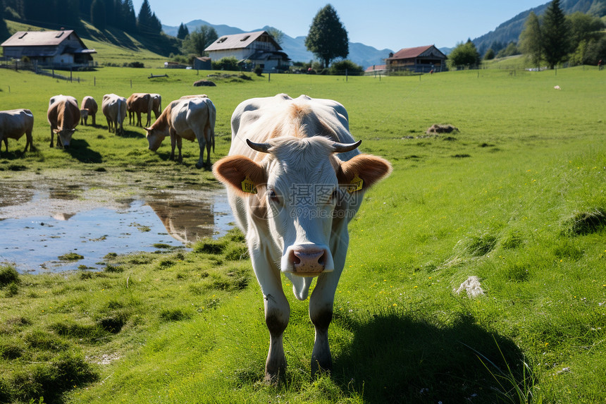 牛群在翠绿的草地上放牧图片