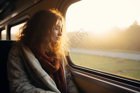 火车上的日落看风景的女孩背景