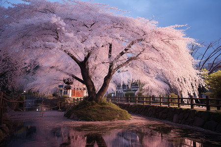 池塘边的樱花树图片
