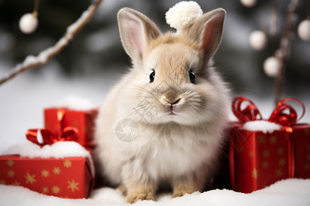 雪中兔子与礼物图片