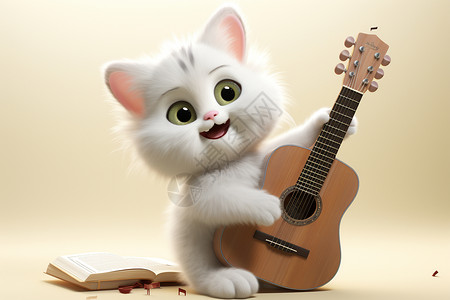卡通白猫玩吉他图片