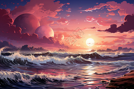 夕阳下的大海插画图片