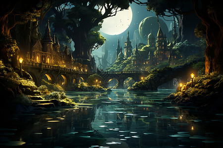 河畔夜景浮游生物缭绕的小河畔插画