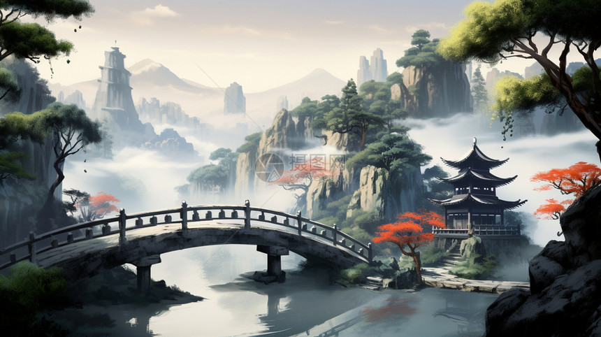 中国景观插画图片