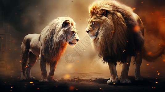 两只凶猛狮子图片