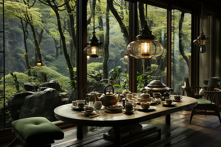 竹林中的小茶馆背景图片