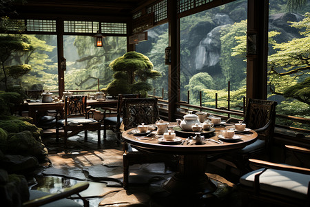 竹林中的中式茶馆图片