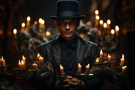 绅士帽黑白照片中的魔术师背景