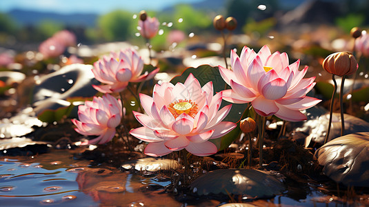 盛开粉色荷花池塘里盛开的荷花设计图片