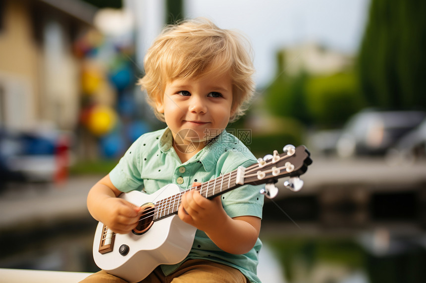 开心玩乐器的小男孩图片