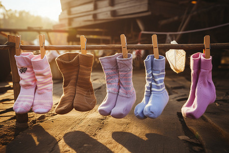 可爱衣物晾衣杆上晾晒的儿童袜子背景