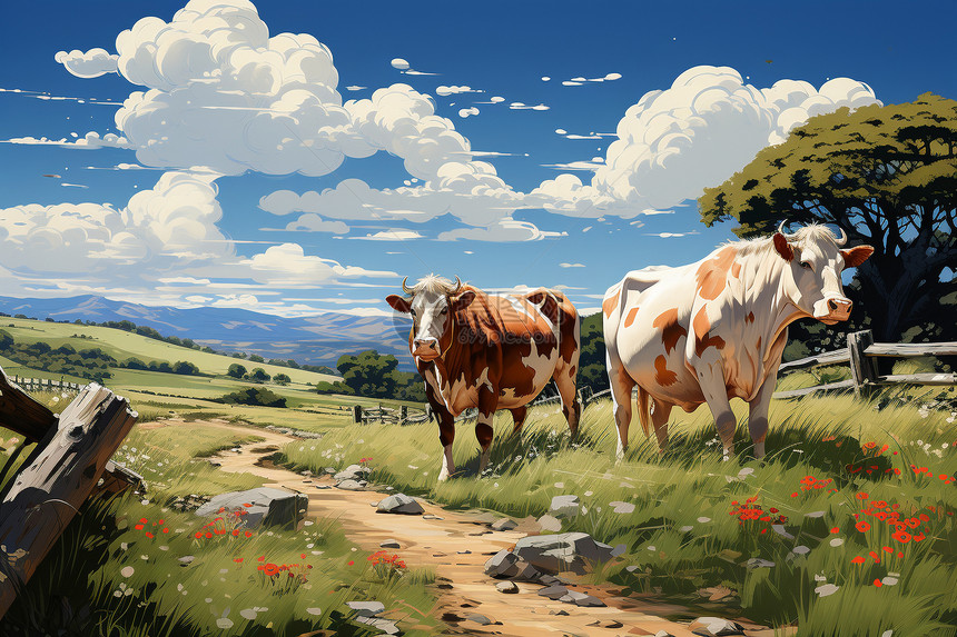 乡村田野上放牧的牛群图片