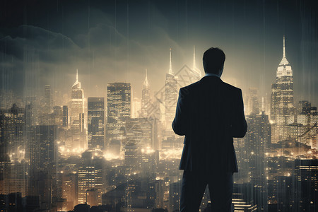成功的商人俯瞰城市天际线背景图片