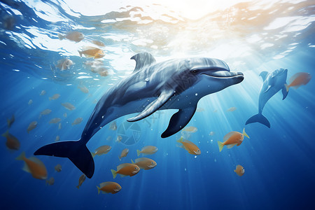 海洋哺乳动物海底有趣的鱼群插画