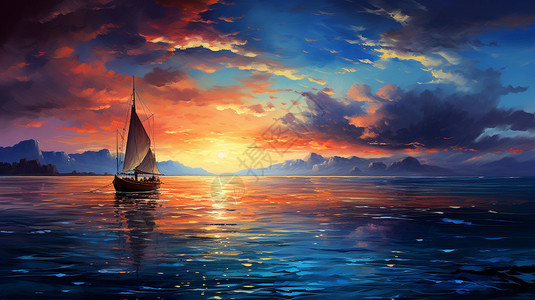 海朝阳落日海面上的帆船插画