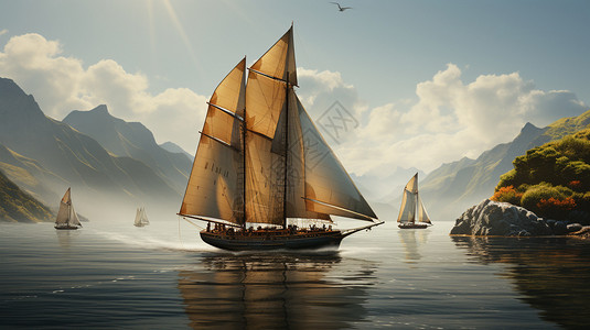 海朝阳行驶在海面上的帆船插画