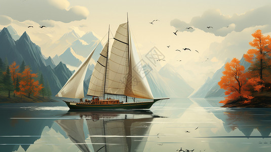 大海朝阳海面上的帆船插画