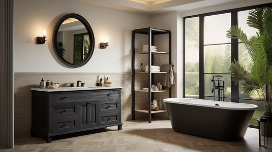 黑色磨砂铁框浴室镜子高清图片
