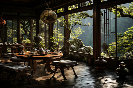 神秘竹林下的中式茶楼高清图片