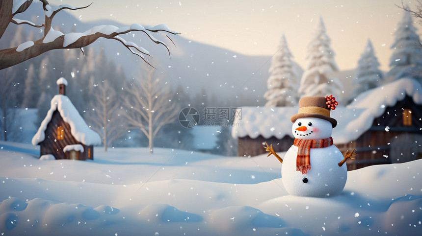 一个雪人站在雪地里图片