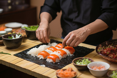 新鲜制作的日式寿司高清图片