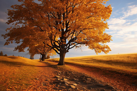 秋日黄叶下的乡村风景图片