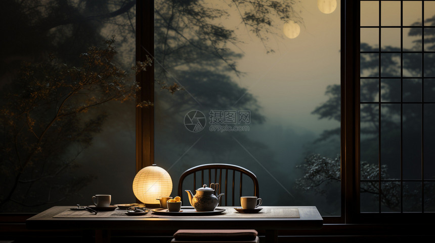木桌上的茶具和灯图片