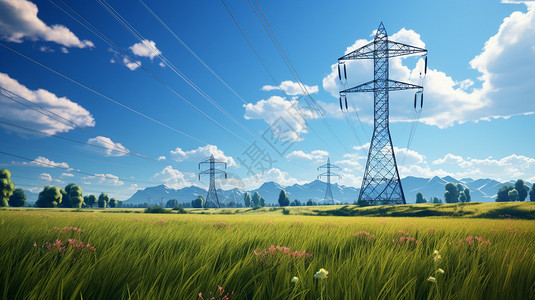 穿越电网农田上的高压线塔插画