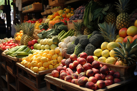 水果蔬菜摊上琳琅满目的各种水果和蔬菜高清图片