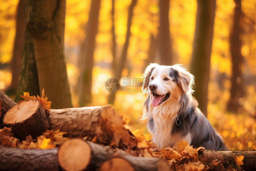 一只可爱的小狗坐在树林里图片